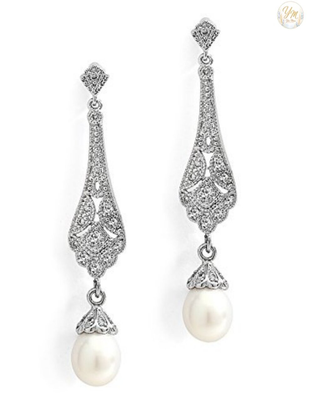 Vintage Art Deco Dangle Earrings Freshwater Pearl CZ Bridal Jewelry